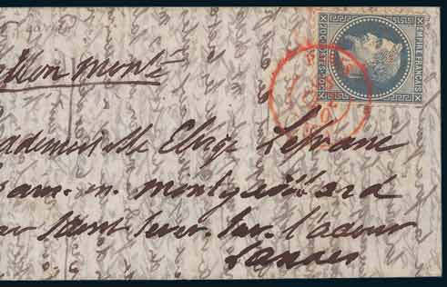 20c lauré oblitéré par<br>  cachet à date rouge PARIS SC<br>  du 28 octobre 1870 sur lettre à <br> destination des Landes. <br> Arrivée le 2 novembre, au verso,<br>  grand cachet <br> du Ministère des finances