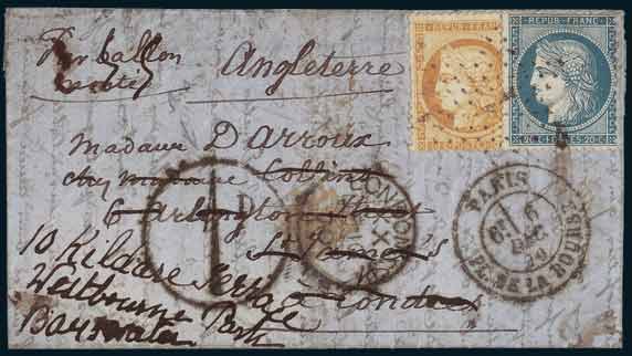 10c 20c siège sur lettre<br> <br>  frappée du cachet<br>  à date de PARIS du 6 décembre 1870 <br> à destination de Londres, <br> réexpédiée à l'aide du grand cercle 1 d <br> en noir à l'arrivée le 10 décembre