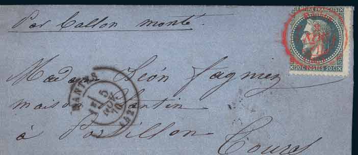 20c LAURE oblitéré cachet <br> à date rouge PARIS SC du <br> 3 novembre 1870 à destination de TOURS.<br>  Au recto, cachet à date de NANTES<br>  du 5 novembre 1870.<br>  Arrivée le 8 novembre 1870