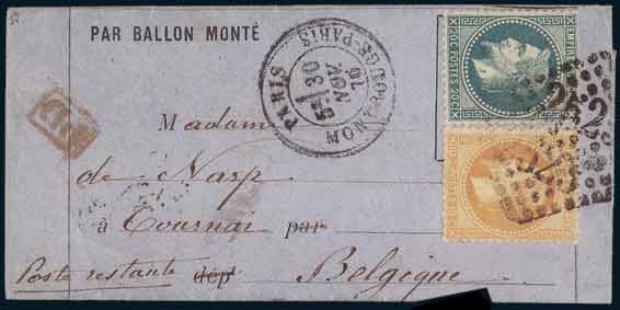 10c et 20c LAURE, Oblitéré <br> losange Grand Chiffres 2525<br>  sur formule imprimée frappée <br> du cachet à date de MONTROUGE <br> du 30 novembre 1870 <br> à destination de la Belgique