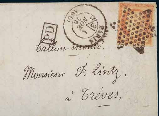 40c siège sur correspondance<br>  HAVAS en allemand frappée <br> du cachet à date de PARIS 60<br>  avec section de levée 3 du 1er novembre 1870 <br> à destination de TREVES