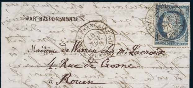 20c Siège Oblitéré Cachet <br> à date ARMEE FRANCAISE QUARTIER <br> GENERAL du 16 novembre 1870 <br> sur formule imprimée frappée du même <br> cachet à date à destination de Rouen.<br>  Arrivée le 23 novembre 70