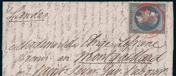 20c LAURE Oblitéré <br> par Cachet à date rouge PARIS SC <br> (Service central) du 7 octobre 1870 <br> sur lettre à destination des LANDES. <br> Au verso, cachet d'arrivée <br> du 16 octobre et grand cachet <br> orné du ministère des finances. 