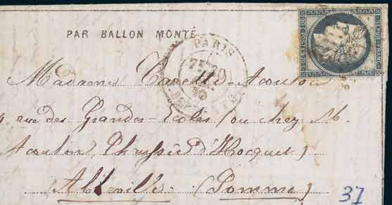 20c Siège sur <br> Dépêche Ballon No 19<br> frappée du Cachet à date <br> de PARIS du 30 décembre 1870 <br> à destination d'ABBEVILLE (SOMME).<br>Arrivée le 11 janvier <br> en territoire occupé.