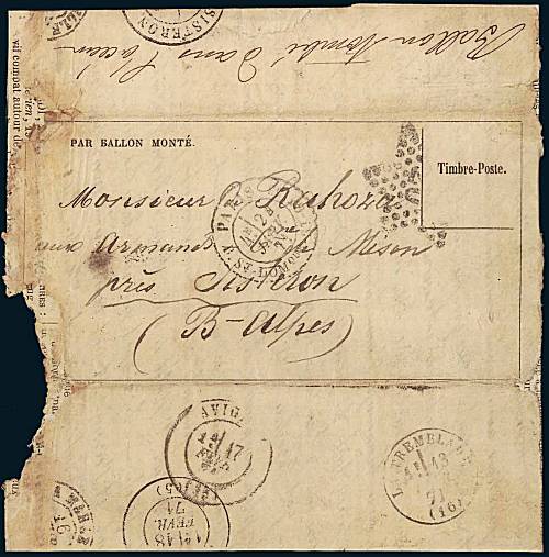 Gazette des Absents No 30 <br> frappée du Cachet à Date <br> de PARIS du 24 janvier 1871 <br> à destination de SISTERON. <br> Au verso, cachet de repêchage de LA TREMBLADE <br> du 13 février 1871 et <br> arrivée le 18 février.