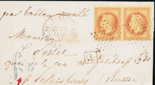 Paire du 40c LAURE <br> sur lettre frappée du cachet <br> à date de PARIS du 22 janvier 1871<br>  à destination de <br> SAINT-PETERSBOURG-RUSSIE