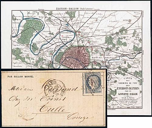 20c Siège sur <br> Gazette des Absents No 19<br>  avec Plan de PARIS en couleur <br> ayant voyagé comme l'indique le texte,<br>  frappée du cachet à date <br> du 26 décembre 1870 <br> à destination de TULLE.