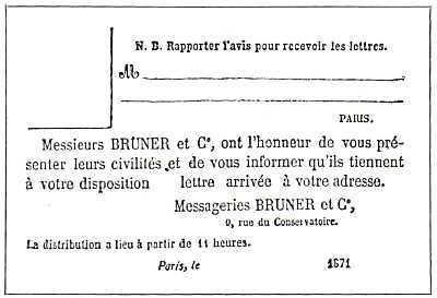 Carte postale de la Maison Bruner et Cie pour prévenir de l'arrivée des lettres.