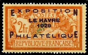 France : 2f orange et vert-bleu type Merson Exposition philatélique du Havre